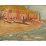 Moored boats by the sea, oil on canvas, bearing a signature possibly Maurice Gyn, unframed, 43cm x