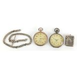 Two gentleman's open face pocket watches, a silver watch chain and a silver vesta, the watches 5cm