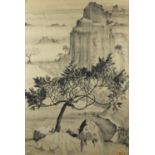 Chinese ink and watercolour, depicting a river landscape, with seal marks, framed, 76.5cm x 52.