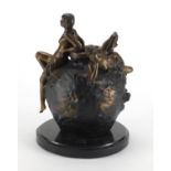 Art Nouveau design patinated bronze vase, cast with nude maidens, impressed E Villanis, raised on
