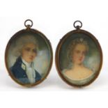Pair of oval hand painted portrait miniatures including a man in formal dress, framed, each
