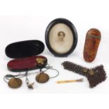 Antique and later objects including a blonde tortoiseshell spectacle case, set of postage scales