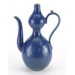 Chinese porcelain blue glazed double gourd wine ewer, 29cm high :For Further Condition Reports