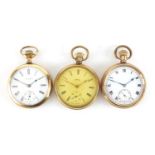 Three gentleman's gold plated open face pocket watches, including Waltham and Smith's :For Further