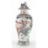 Chinese porcelain baluster vase and cover, hand painted in the famille verte palette with figures,