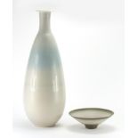 Large David White studio pottery vase and footed bowl, impressed marks to the bases, initials to the