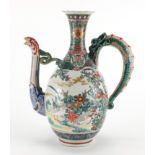 Japanese porcelain wine ewer, finely hand painted with bird of paradise amongst flowers, character