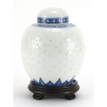 Chinese blue and white porcelain ginger jar and cover on hardwood stand, blue ring marks to the