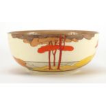 Clarice Cliff Bizarre pottery bowl, hand painted in the Coral Firs pattern, factory marks to the