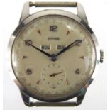 Gentleman's Cyma wristwatch with day date and subsidiary dial, 3.4cm in diameter :For Further