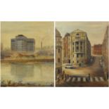 Charing Cross Hospital and South Bank London, pair of oil on canvases, each bearing monograms A S,