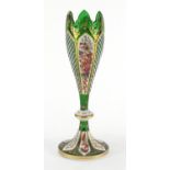 19th century Bohemian green glass vase, hand painted and gilded with flowers and foliage, 29cm