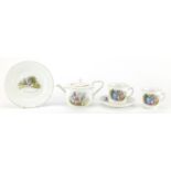 Peter Rabbit nursery teaware by Grimwades comprising teapot, two cups, a saucer and side plate,