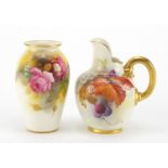 Royal Worcester porcelain vase hand painted with roses by Millie Hunt and a jug hand painted with