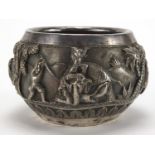 Burmese unmarked silver bowl, embossed with huntsmen and animals, 7.5cm high, approximate weight