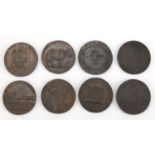 Eight late 18th century half penny Conder tokens including Pidcock's, Moore's, Lackington and