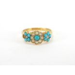 18ct gold turquoise, seed pearl and diamond triple flower head ring, size O, approximate weight 5.5g