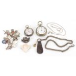 Silver and white metal jewellery including charm bracelet with enamelled charms, ladies pocket watch