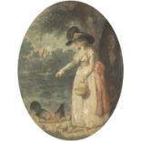 George Morland after Sidney Hunt - Female feeding chickens, 19th century pencil signed mezzotint