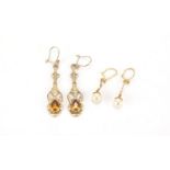 Two pairs of 9ct gold earrings set with citrine and pearls, the largest 5.5cm in length, approximate