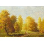 Figure before woodland, Russian school oil on board bearing a signature S Zukowski, mounted and