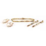 Gold and multi gem bracelet and two pairs of earrings, each stamped 14k, the bracelet 18cm in