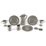 Antique pewter including a lidded jug with hexagonal lobed body and two tankards, various