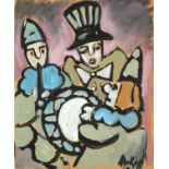 Portrait of three clowns, watercolour on card, bearing an indistinct signature, unframed, 47cm x
