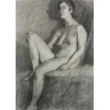 Portrait of a seated nude female, Russian school charcoal, bearing a Cyrillic signature, mounted and