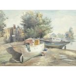 Albert Houghton - Boats Near Kew Bridge, watercolour, label verso, mounted and framed, 37.5cm x 27.