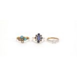 Three 18ct gold and 9ct gold rings, set with assorted stones, various sizes, approximate weight 6.6g