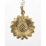 9ct gold sunflower pendant on a 9ct gold necklace, 2.3cm in length, approximate weight 1.0g : For