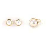14ct gold cabochon pearl ring and similar earrings, the ring size L, approximate weight 14.8g :For