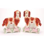 Pair of Victorian Staffordshire pottery spaniels standing on arched bases with leaves, each 25.5cm