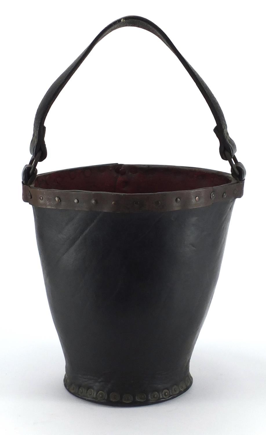 Antique metal studded leather fire bucket, 31cm high excluding the handle :For Further Condition