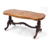 Victorian burr walnut coffee table with carved scrolling feet, 51cm H x 110cm W x 56cm D : For