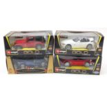 Four Burago die cast vehicles with boxes, scale 1:18, Volkswagen Beetle, BMW Z4, Dodge Viper and