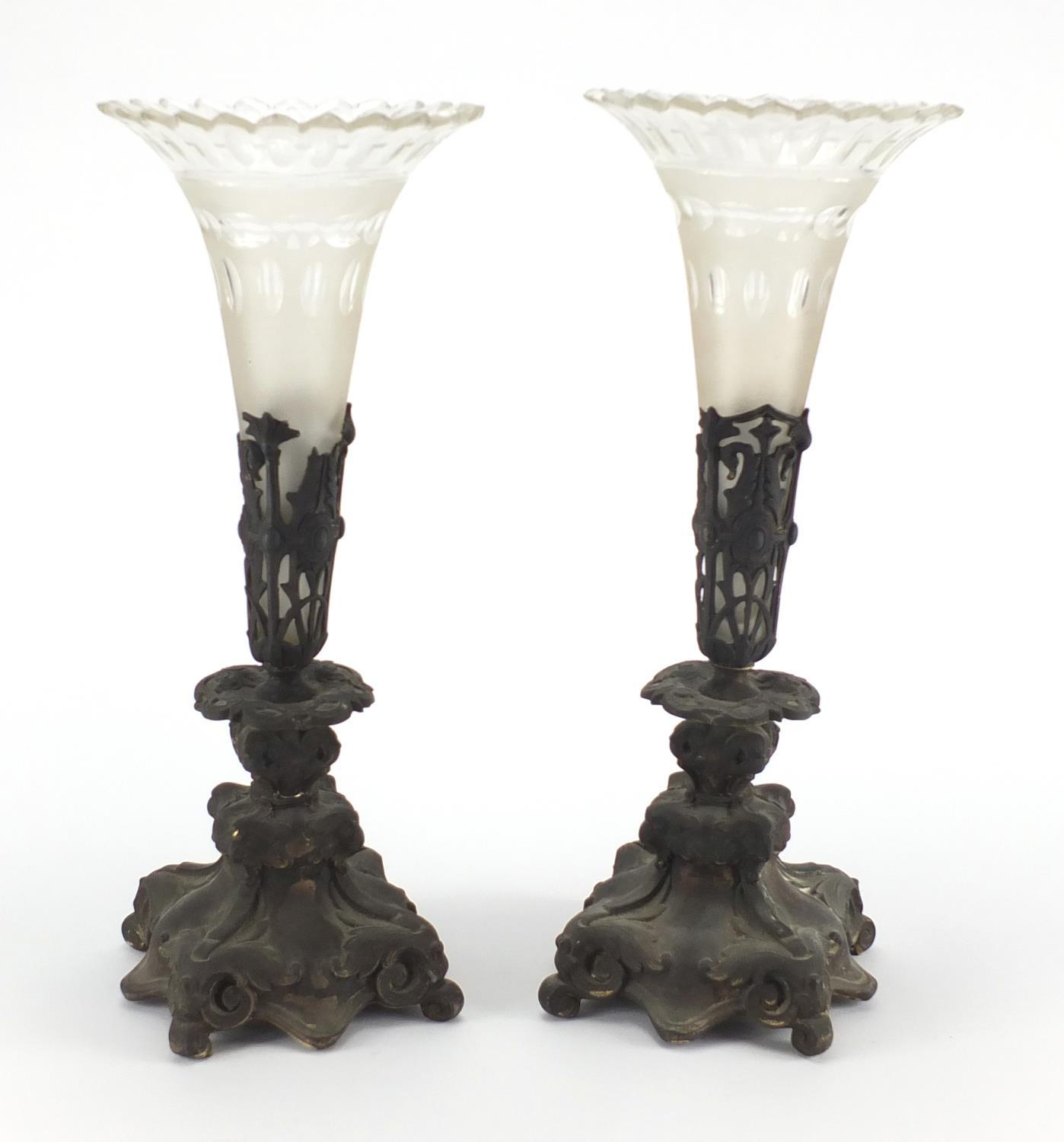 Pair of German silver plated and etched glass vases, impressed Henninger, each 41cm high :For - Image 3 of 5