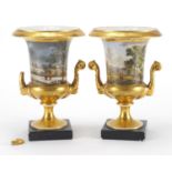 Pair of 19th century Campania urn vases with twin handles, each finely hand painted with a summer