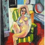 Nude female in an interior, Modern British oil on board, bearing a signature P Maviasky, mounted and