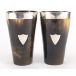 Pair of silver mounted horn beakers, with shield cartouches, indistinct makers marks, London 1893,