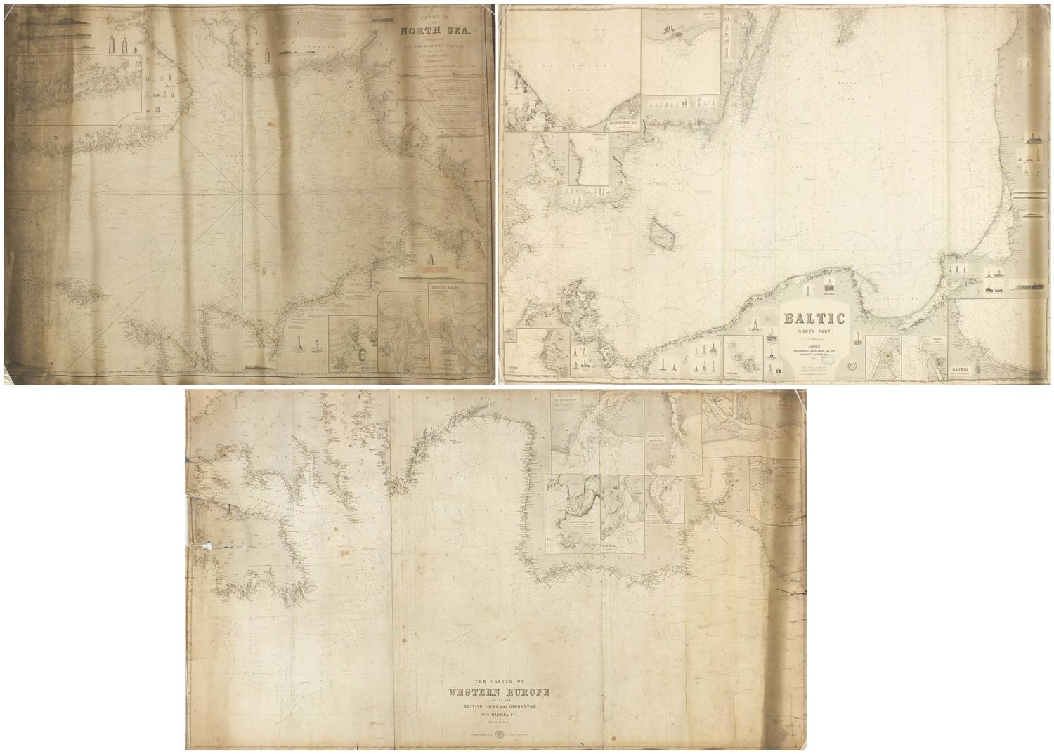 Three 19th century Nautical Charts comprising The North Sea drawn by J S Hobbs published by