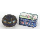 Two Chinese enamel pots and covers including a Canton example hand painted with figures and flowers,