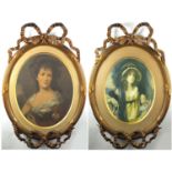 Pair of 19th century oval gilt wood and gesso frames with bow design, each housing coloured prints