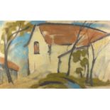 Manner of Ivon Hitchens - A white house, oil on canvas, bearing an inscribed gallery label verso,