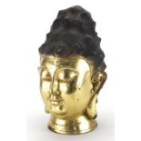 Tibetan gilt bronze Buddha head, 35cm high :For Further Condition Reports Please Visit Our Website