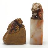 Two Chinese soapstone seals, carved with a dragon and Dog of Foo, the largest 9.7cm high :For