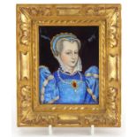 Early 20th century Limoges rectangular enamel panel, hand painted with a female in Elizabethan dress