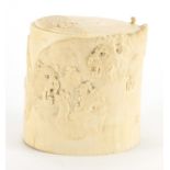 Japanese ivory tusk vase, finely carved with lions at play, with character marks, 13cm high x 12cm