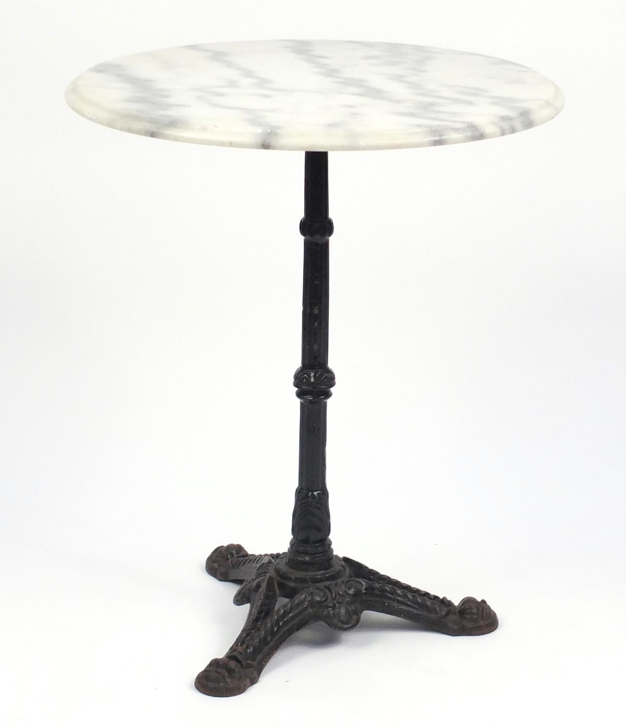 Circular white marble topped garden table with cast iron base, 72cm H x 60cm in diameter : For